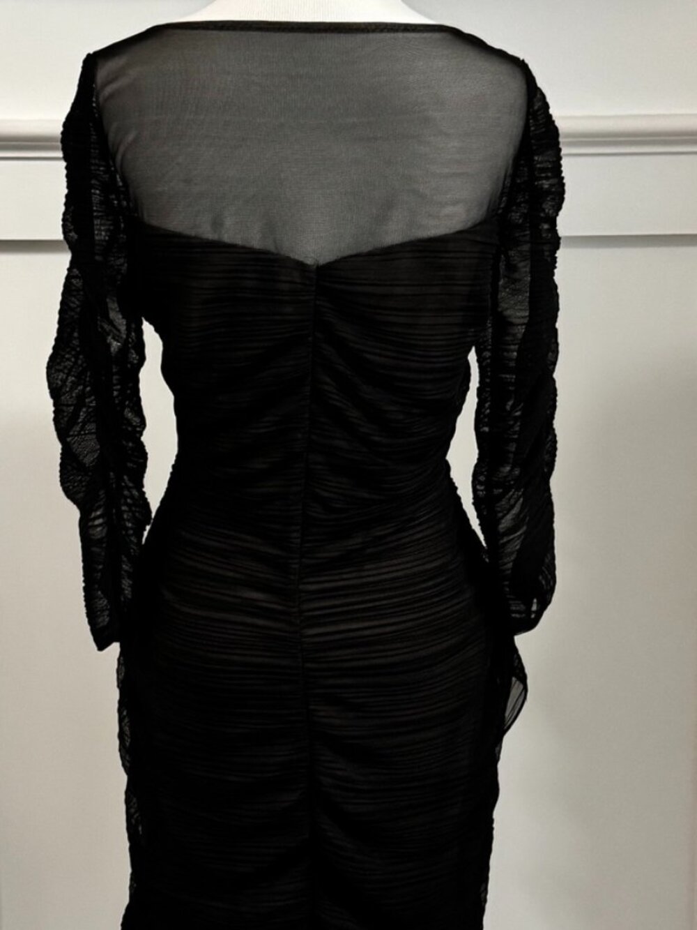 BCBGMAXAZRIA Danika Black Nude Mesh Ruched Dress, Size L, High Quality - Picture 2 of 10